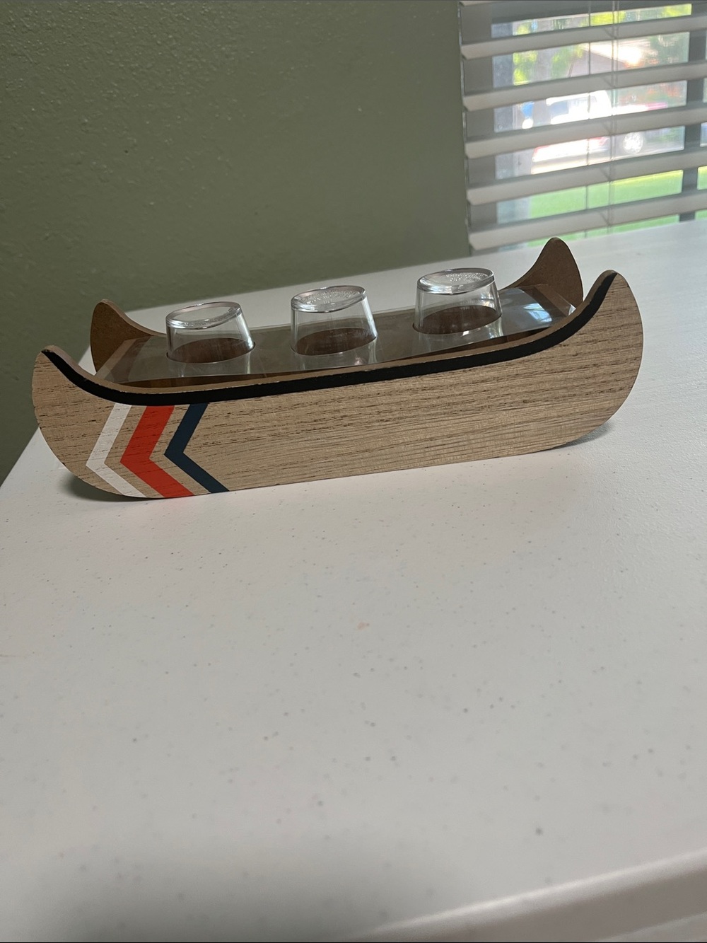 Wooden Canoe Shot Glass Holder with Striped Accent